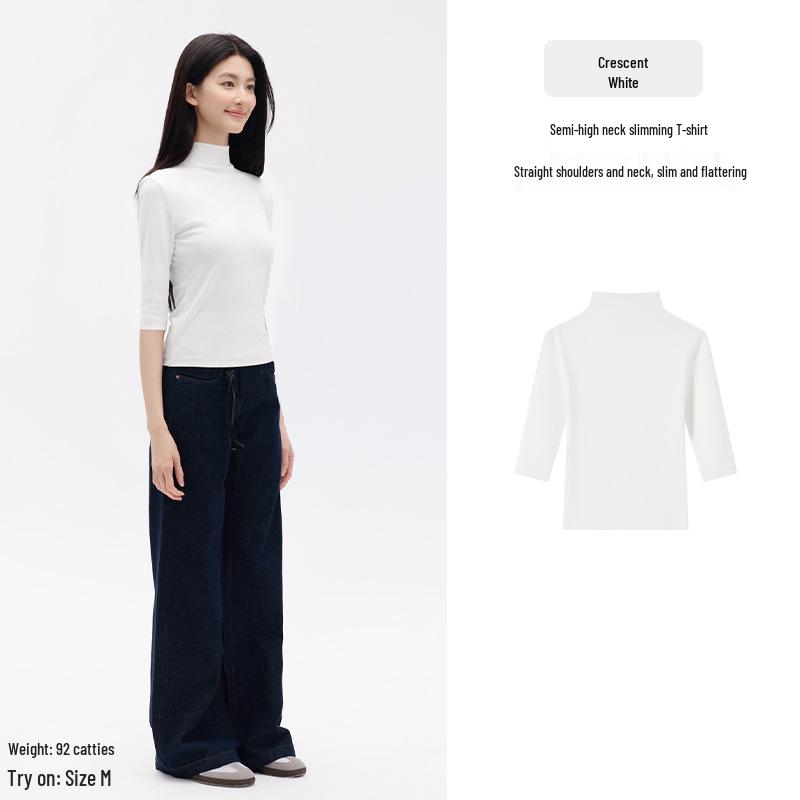Cotton s Aesthetics Slim-fit Women s High-neck Short-sleeve Versatile Drop Shoulder Top 2XL (120-130 Jin)