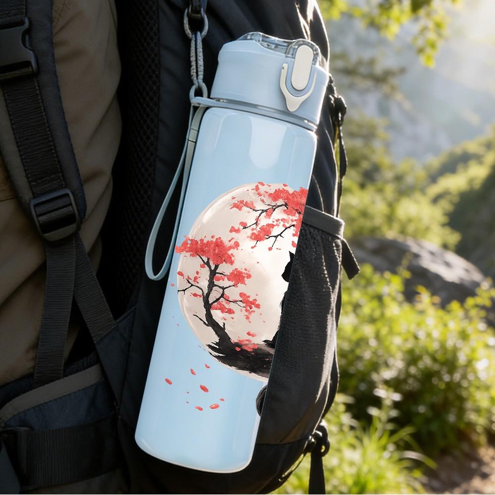 1PC Plum Blossom Black Cat Art 750ml Color Plastic Sports Water Bottle Leakproof Flip Straw Lid Suitable for Sports Office Home Use