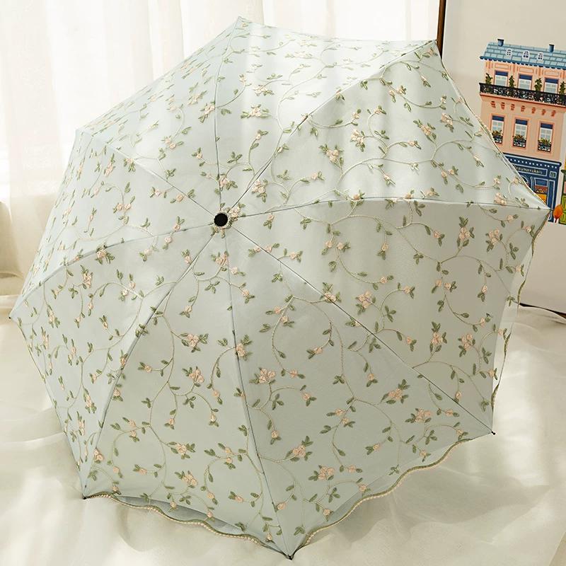 Double-Layer Lace Embroidered Sun Umbrella for Women, Black Glue Coating for Sun Protection and Uv Protection, Princess Umbrella, Sunshade and Rain