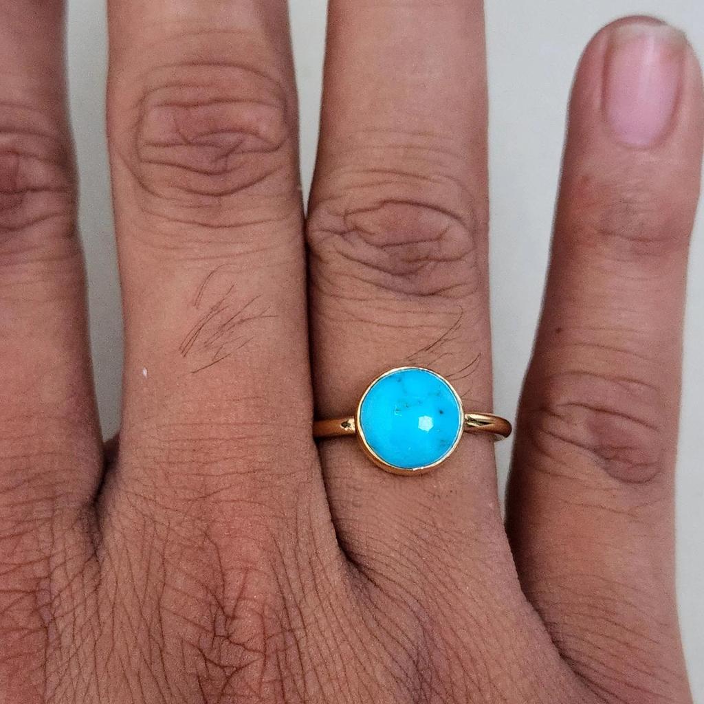 Round Cab Blue Sleeping Beauty Arizona Turquoise Silver 14K Yellow Gold Ring Jewelry