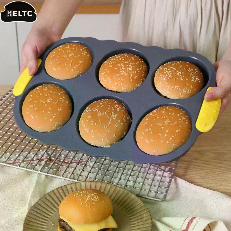 6-cavity Silicone Hamburger Bun Pan, Nonstick Loaf Pan & Heat Resistant Burger Bun Pans For Baking, Bread Pans For Baking