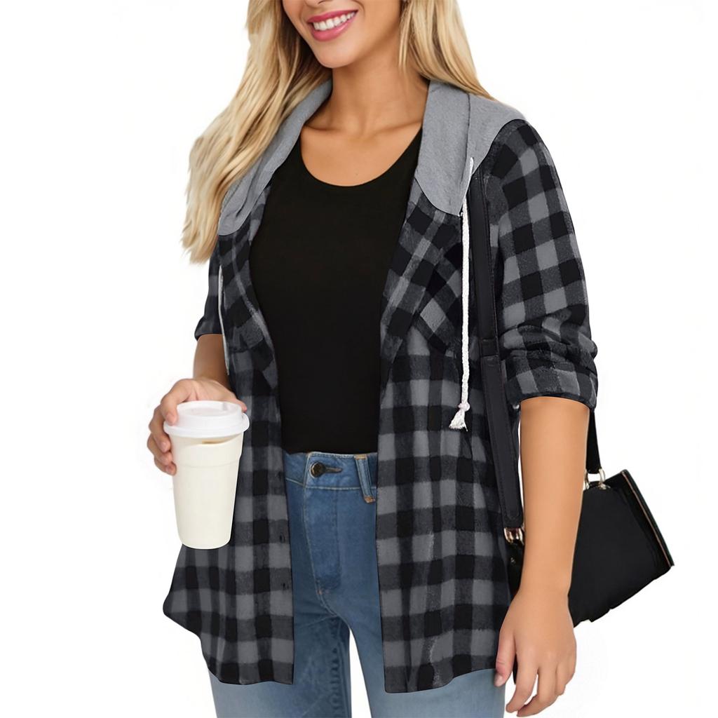 Women Long Sleeve Plaid Jackets Shirt Long Sleeve Casual Loose Coat Outwear