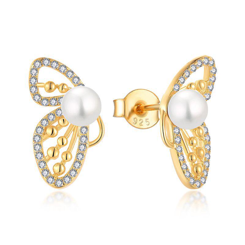 Elegant Retro Pearl Butterfly Stud Earrings for Women with Inlaid Diamonds 925 Silver