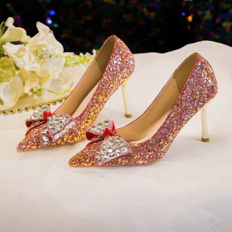 Rimocy Red Shiny Sequins Thin Heel Pumps Women 2025 Fashion Crystal Bow Wedding Party Shoes Woman Bling High Heeled Bridal Shoes