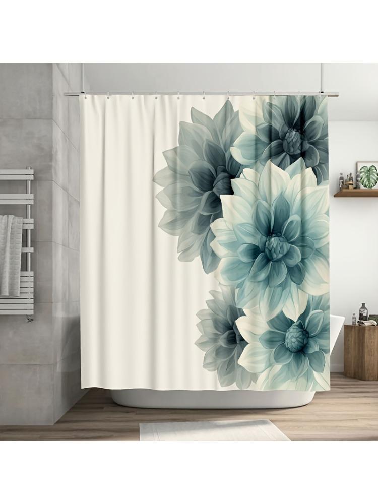 

1Pc Teal & Gray Dahlia Flowers Simple Vector Design Shower Curtain, Durable Polyester, Easy-Clean, For Bathroom/Window Decor W60H190(CM)-1 Pcs