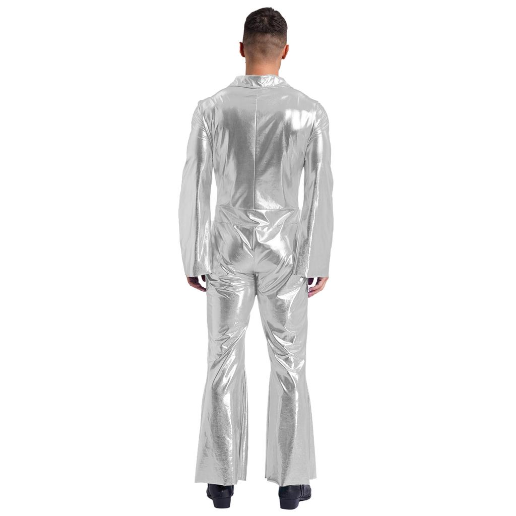 Mens 70s Disco Jumpsuit Metallic Shiny Design Lapel Flare Sleeve Front Zipper Wide Leg Pants