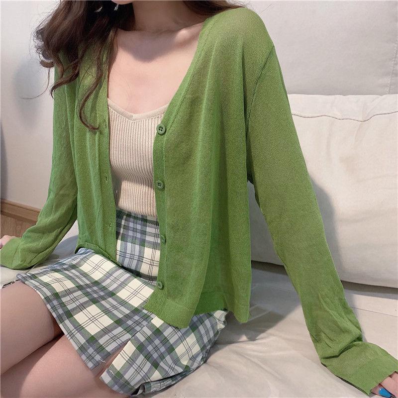 Women's V-Neck Ice Silk Sun Protection Cardigan - Summer 2024 Korean Loose Fit Casual Jacket