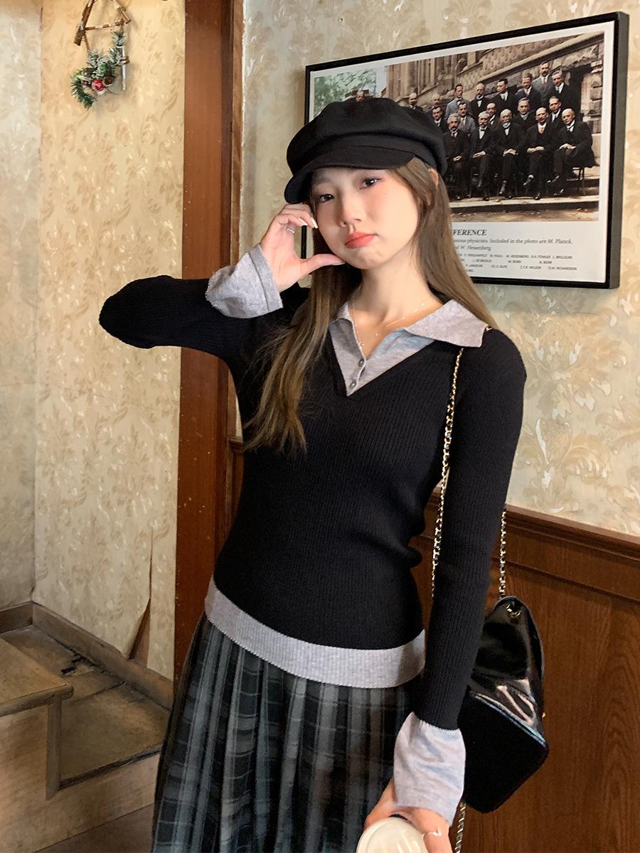 

Fake two-piece contrasting color POLO neck knitted bottoming shirt women s spring and autumn cuffs split-ended niche design elastic inner top S черный серый