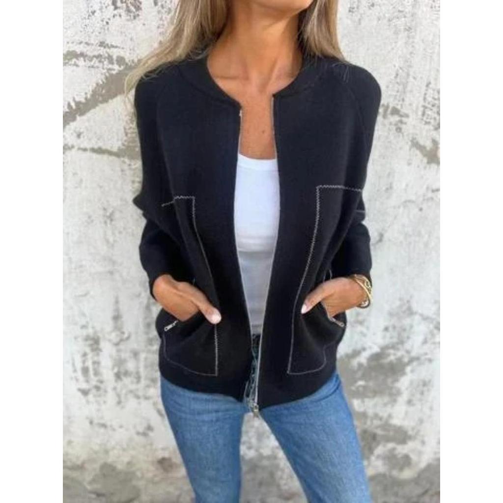 Autumn Winter Women's Casual Versatile Zipper Pocket Jacket Coat for Europe America Cross-border
