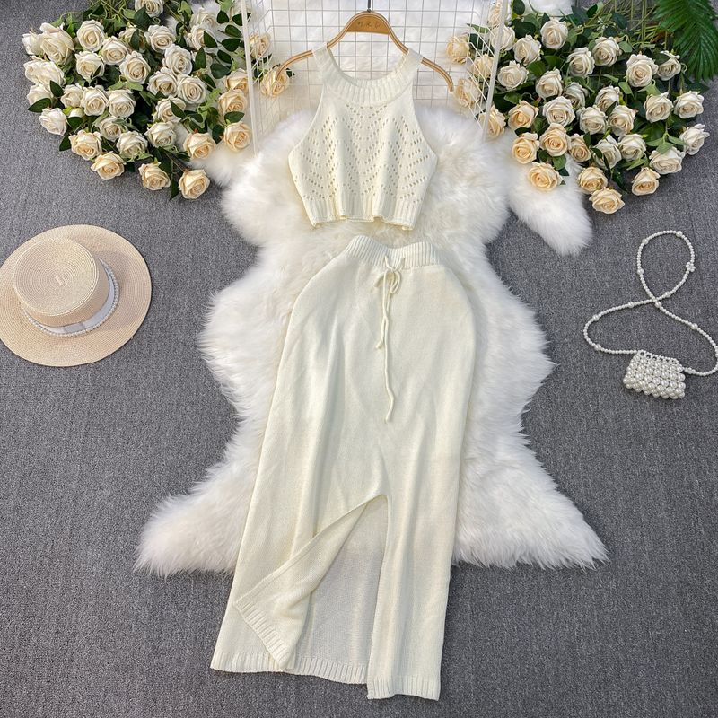 

New Sexy Sexy Suit Hollow-out Short Sling + Mid Length Long Length Sheath Slit Knitted Skirt Two-piece Set Beige White All yards