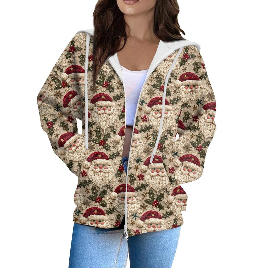 Women's Fashion Casual Long Sleeve Christmas Print Cardigan Coat With Pocket Zipper
