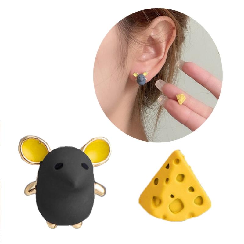 Cute Mouse and Cheese Earrings Adorable Style Asymmetry Earring for Animal Cartoon Ear Clips Earrings Jewelry Ornament
