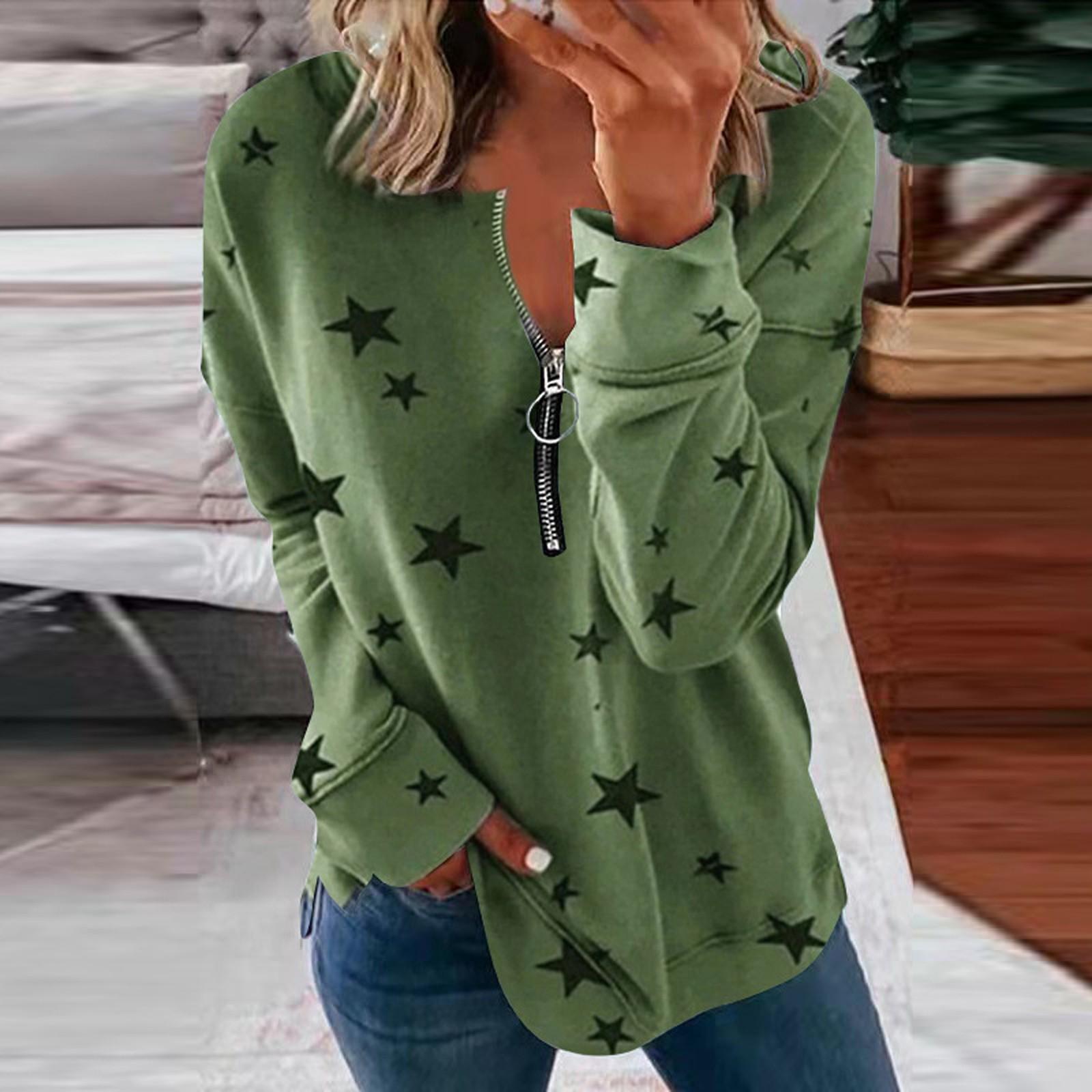 Fashion Womens Loose Round Neck Star Print Long Sleeve Zipper Pullover Sweater XL