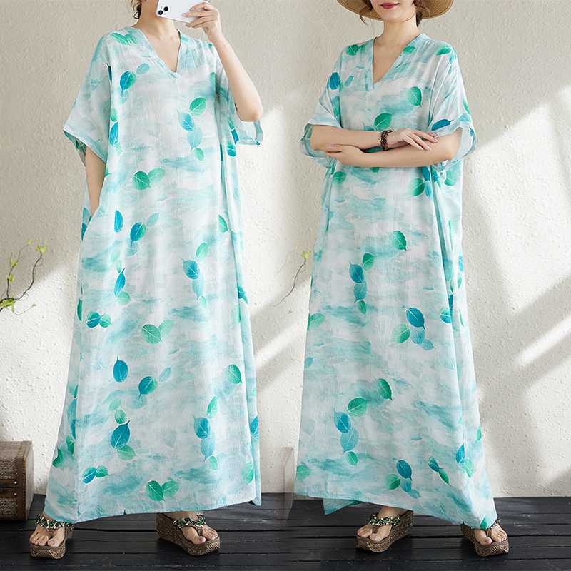 

Настоящее лето Новинка Хлопок и лен Принт V-образный вырез Свободный Большой размер Простой Праздничный стиль Длинная юбка Женская Пляжная юбка Тонкая one size fits all