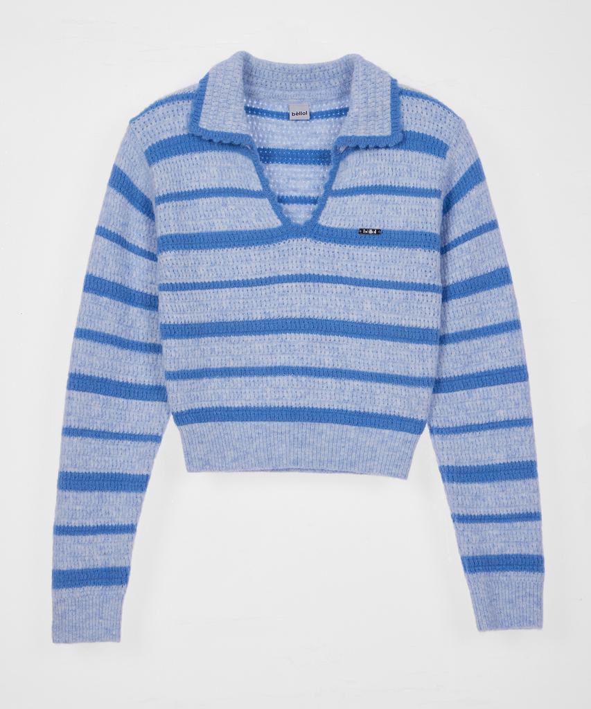 BELLOL Striped Open Collar Slim Fit Long Sleeve Knit Blue