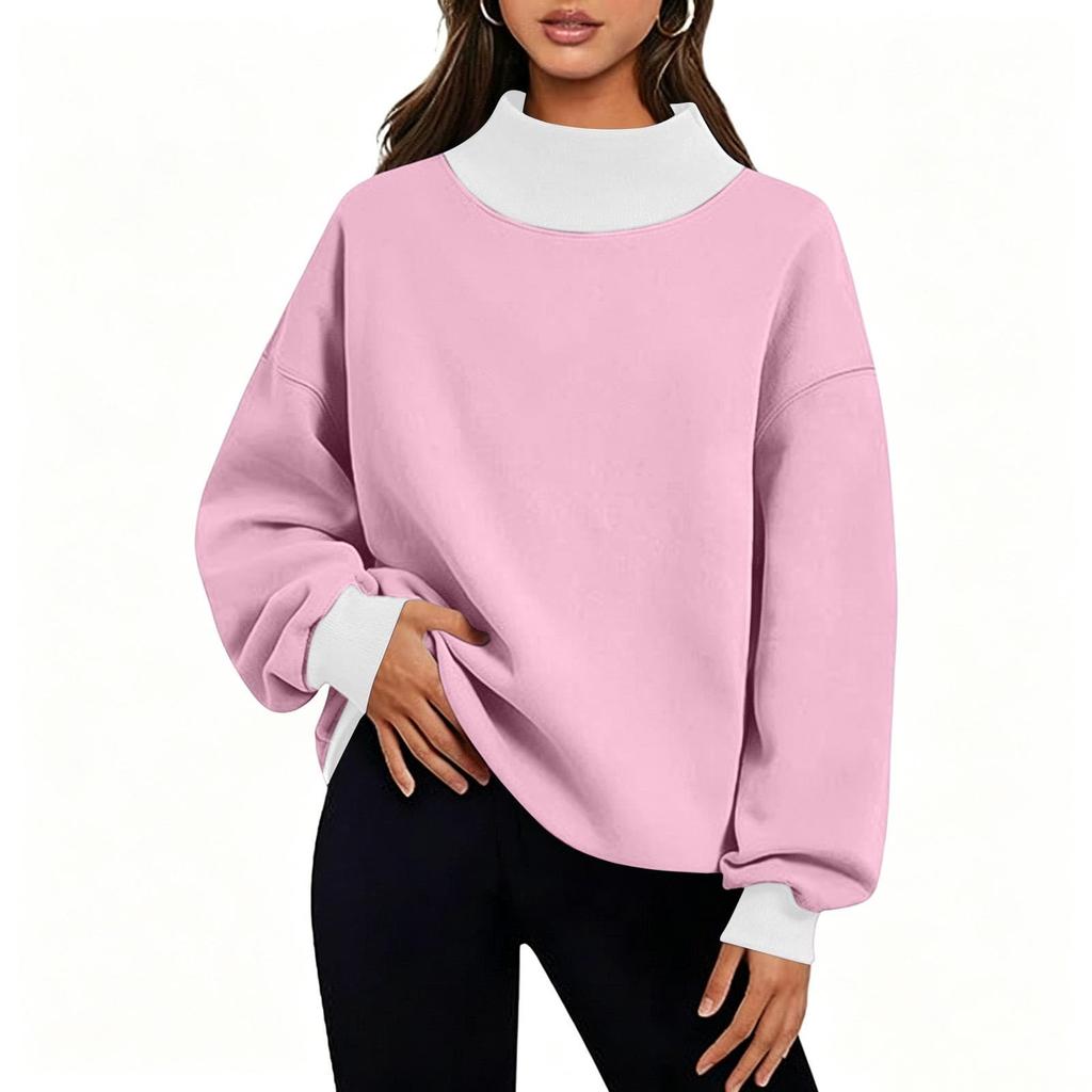 Women's Fashion Color Block Neck Long Sleeve Sweatshirt Casual Pullover Top