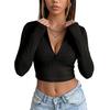 Women's Deep V Neck Long Sleeve Crop Top Slim Fit Solid Color Casual Pullover