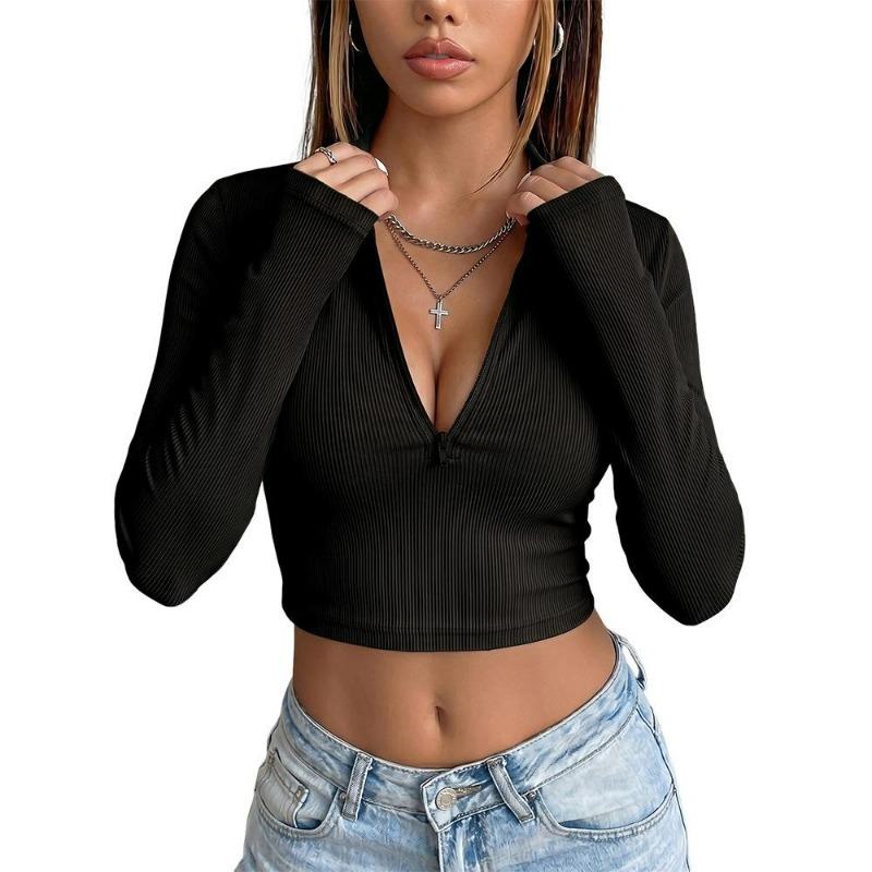 Women's Deep V Neck Long Sleeve Crop Top Slim Fit Solid Color Casual Pullover