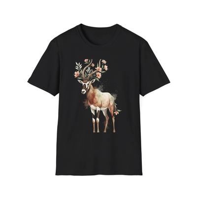 Hirsch Blumen Aquarell Natur Schwarzes T-Shirt Boho Ästhetik Grafik T-Shirt