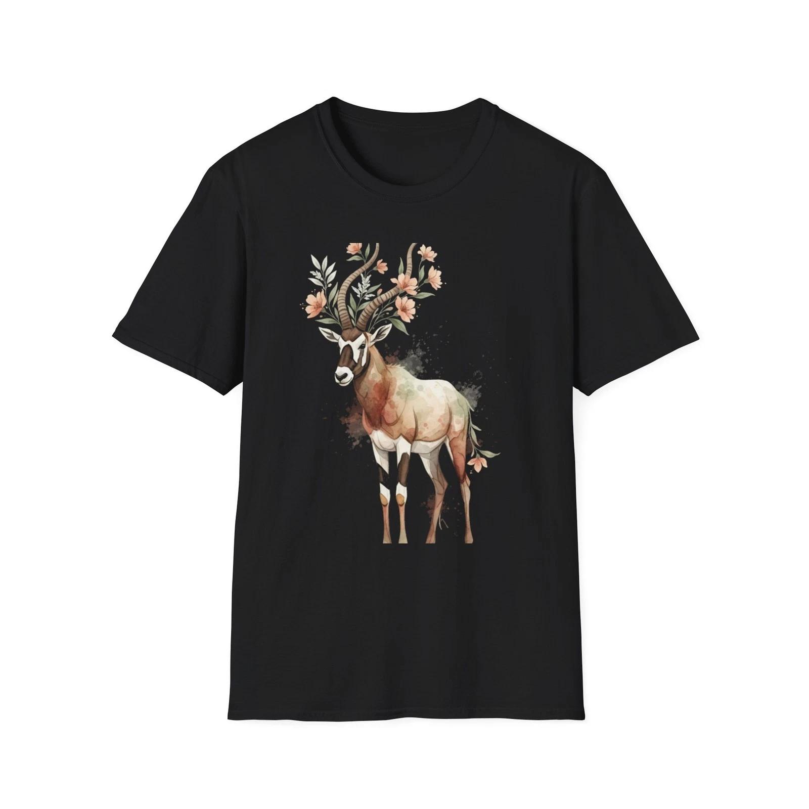 

Deer Floral Watercolor Nature Black Tee Boho Aesthetic Graphic T-Shirt M