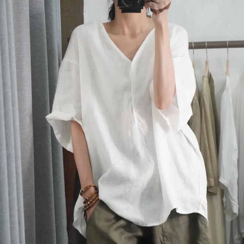 High-End Women's V-Neck Loose Fit Short-Sleeve Solid Color Summer T-Shirt