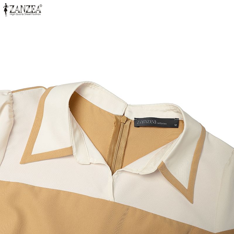 ZANZEA Women Patchwork Casual Turn Down Collar Elegant Short Sleeve Dress