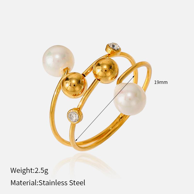European and American light luxury multi-layer winding pearl opening ring 18K gold-plated stainless steel double round bead diamond jewelry