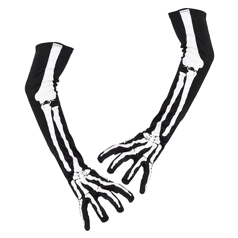 Halloween Skeleton Gloves Short Long Full Finger Bone Print Mittens Dress Party Costume Accessories for Women Men