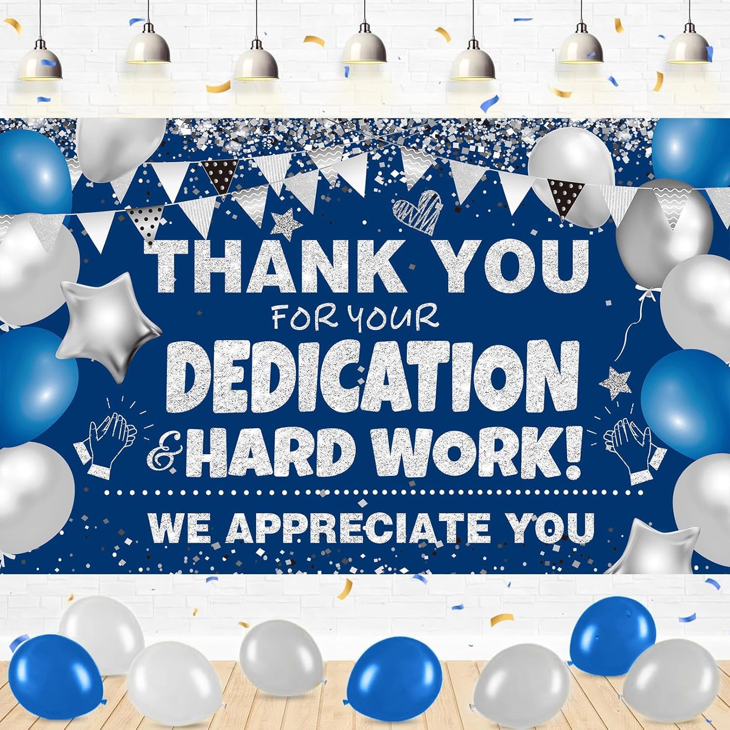We Appreciate You Banner Decorations Blue Silver Thank You Banner Thank You for All You Do Backdrop for Teacher Employee Staff Doctors Nurse Poaster