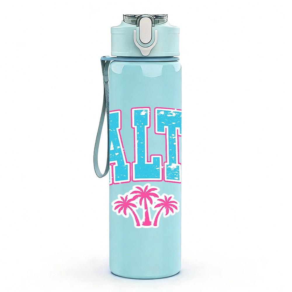 1PC SALTY Palm Tree Retro Text Print 750ml Color Plastic Sports Water Bottle Leakproof Flip Straw Lid Suitable for Sports Office Home Use