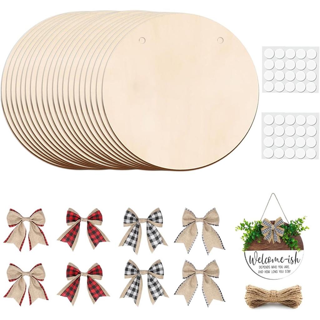 20Pack Wood Circles for Crafts,12 Inch Blank Round Door Signs with 8 Pcs Decoration Bows and 20 Pcs Ropes,for Decoration