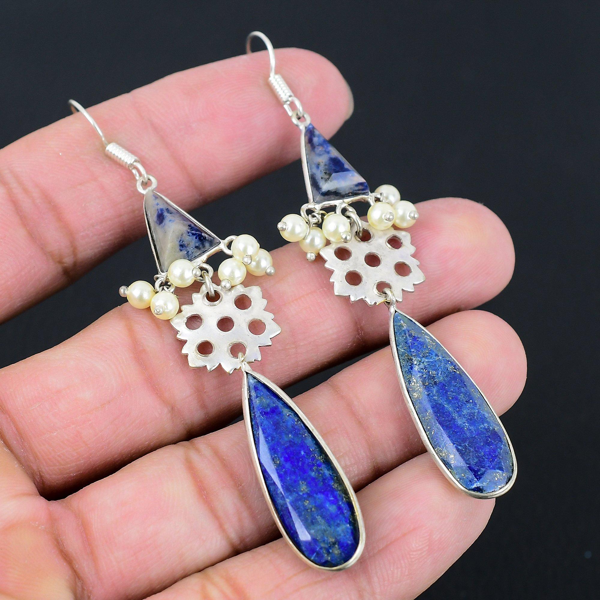 

Gift For Her 925 Silver Natural Lapis Lazuli Gemstone Drop/Dangle Earrings