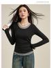 2025 Women's Slim Fit Black Lyocell Faux Two-Piece Long Sleeve T-Shirt