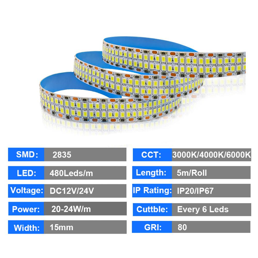5m Double Row Led Strip light 2835 360Led 480Led 240Led 12V/24V High Bright Flexible Led Lamp IP67 Waterproof 3000K/4000K/6000K