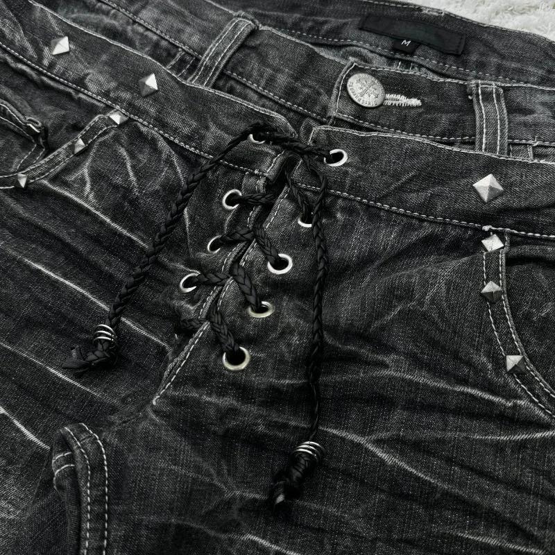 Vintage Double Waisted Lace Up Micro Flared Women Jeans Y2K Washed Wide Leg American Style Denim Pants Baggy Streetwear