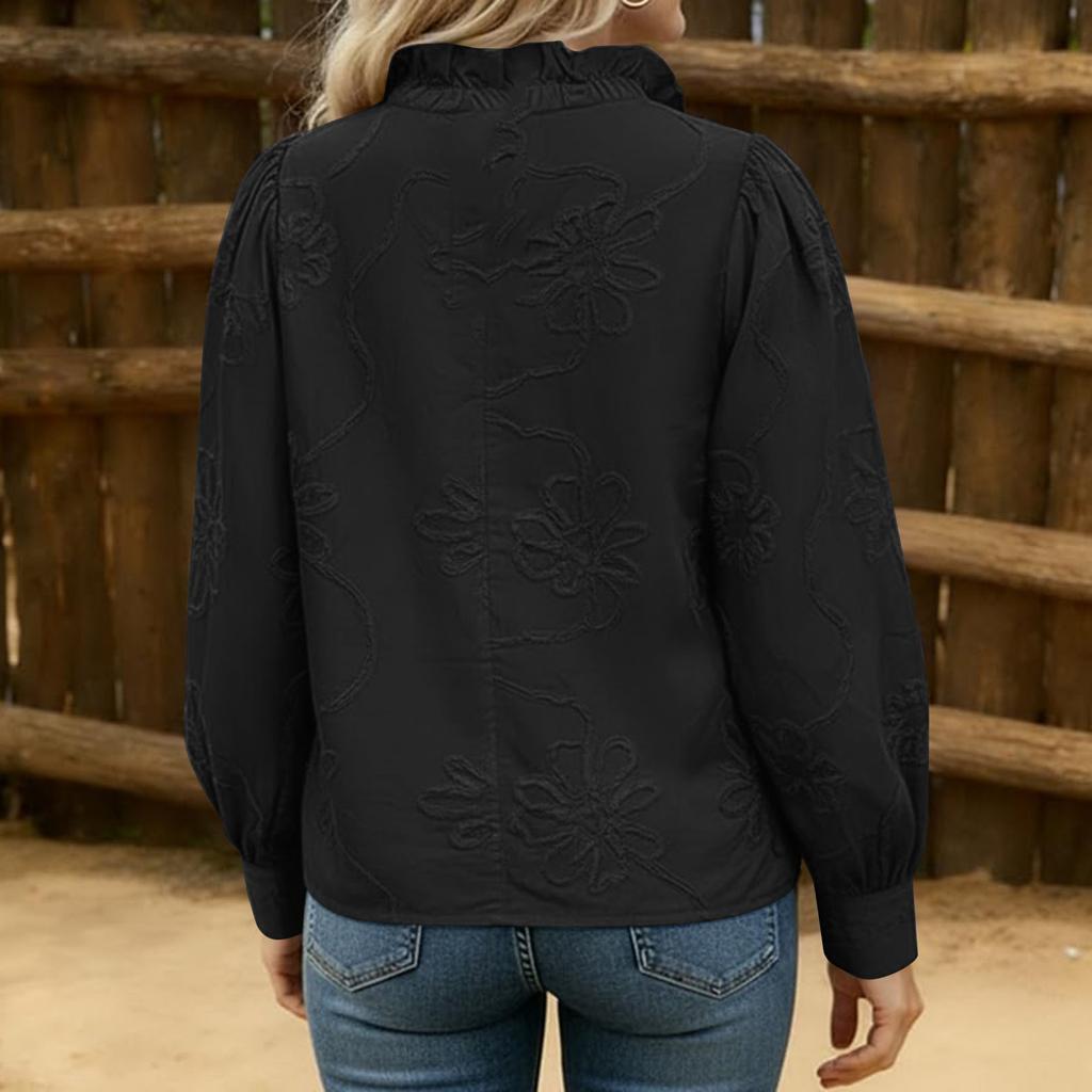 Long Sleeve Button Down Shirt for Women with Floral Embroidery Loose Fit Blouse Casual Collar Top for Daily Wear