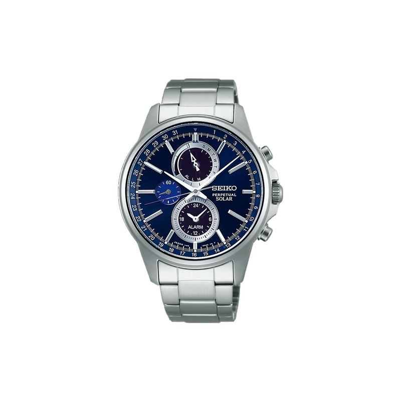 SEIKO Life Enhanced Waterproof Date Display Perpetual Calendar Stopwatch Function Solar Quartz Steel Strap Men s Watch Blue Dial SBPJ003 синий