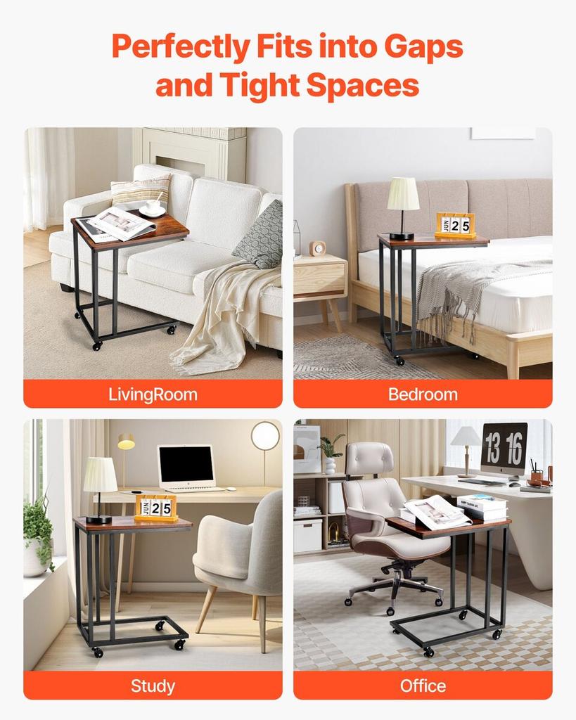 C Table, C Shaped Sofa Side Table with Metal Frame Rolling Casters, Portable C Shaped End Stand for Living Room Bedroom Office, 19.69 x 13.78 x 23.82