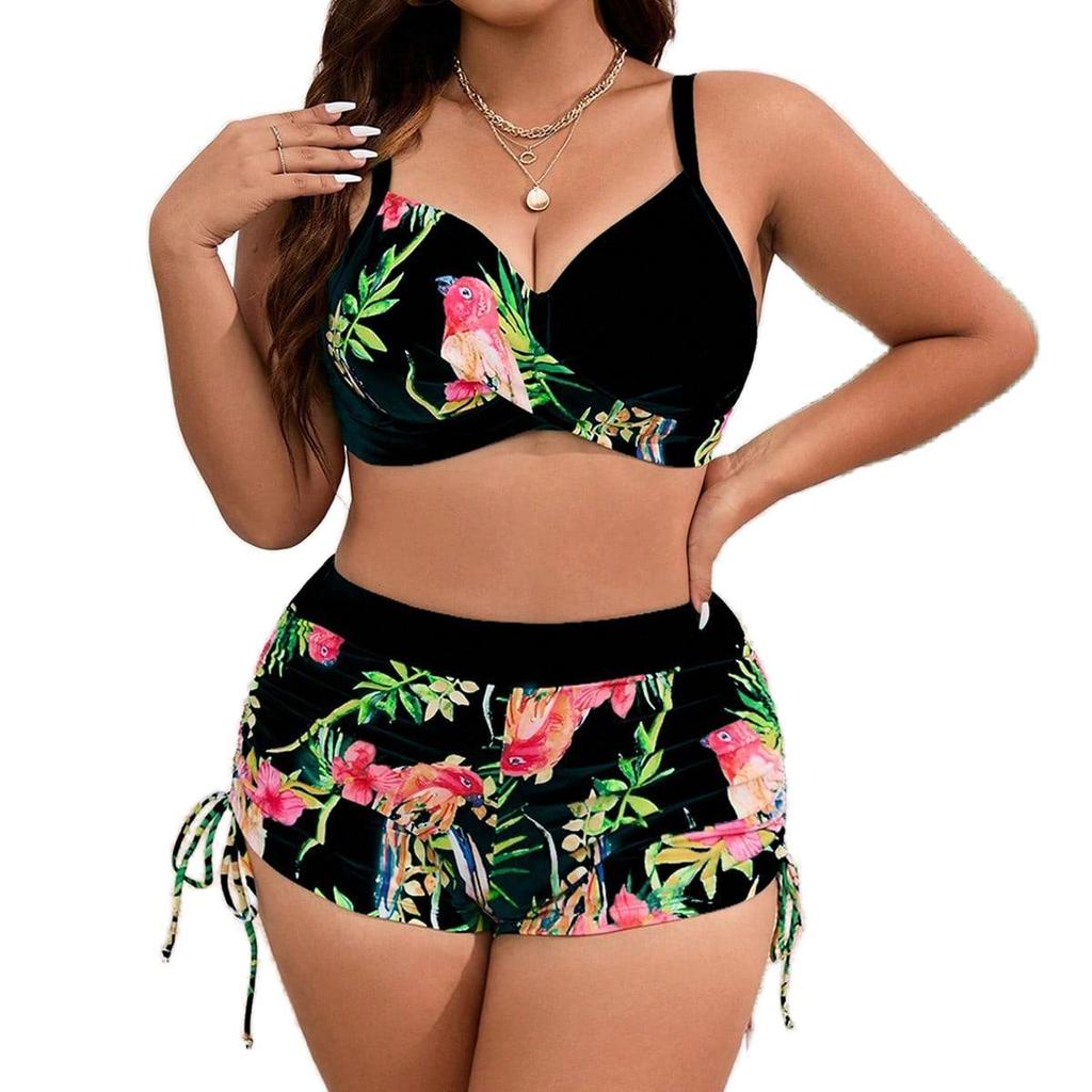Plus Size European & American Split Bikini Set - New Printed Style with Large Bust Support