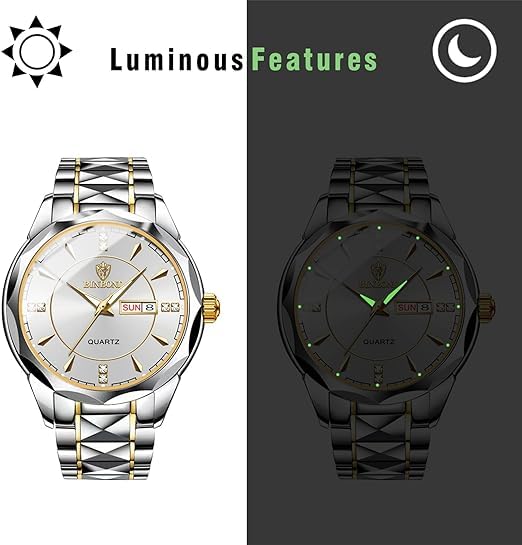Watch Precision Steel Analog Copy Watch Men Luminous Date Day of the Week Waterproof Watch Easy To Read Dial Stainless Steel Level Adjustable Silver