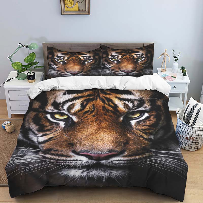Blue Light Jungle White Tiger Animal Print Bedding Set (3-Piece) - Domineering White Tiger Pattern Duvet Cover and Pillowcase Se