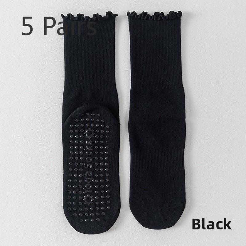 5 Pairs Combed Cotton Socks Boneless Non-slip Indoor Pilates Yoga Stockings Women's Wooden Ear Lace Fitness Sports Stockings