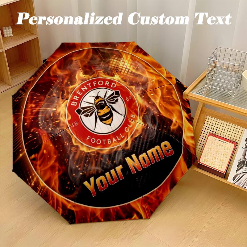 8 Rib Auto Folding Umbrella Brentford Football Print Custom Name Text Portable Rain Gear