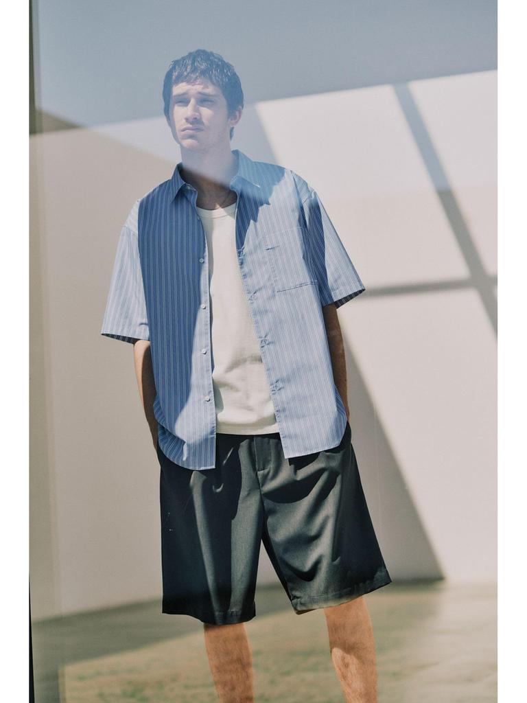 B:MING LIFE STORE by BEAMS Men's Short Sleeve Shirt, Polyester Broadcloth, Size M, BLUE_STRIPE