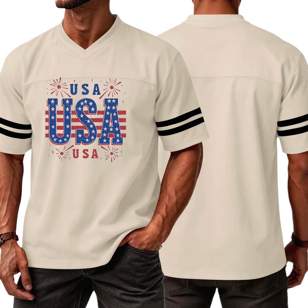 Men V Neck Casual Short Sleeve Sports T Shirt with USA Print Athletic Fit Comfortable Lightweight Top for Daily Wear