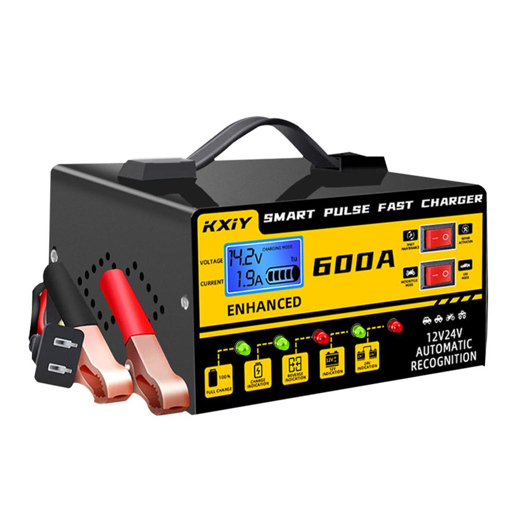 Voltage Temperature Detection Automatic Stop 12V 24V 600A EU/US Plug Intelligent Pulse Repair Car Battery Charger Digital LCD Display