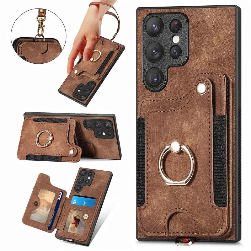 

Ring Lanyard Leather Wallet Card Phone Case for Samsung Galaxy S26 S24 Ultra S23Plus S22 A55 A06 A07 A17 A56 36 Flip Stand Cover Samsung S26 Ultra коричневий