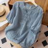 T-shirt top à manches courtes et col en V brodé en coton et lin pour femme, été, fin, bordure en bois plissée, grande taille, ample, respirant, chemise