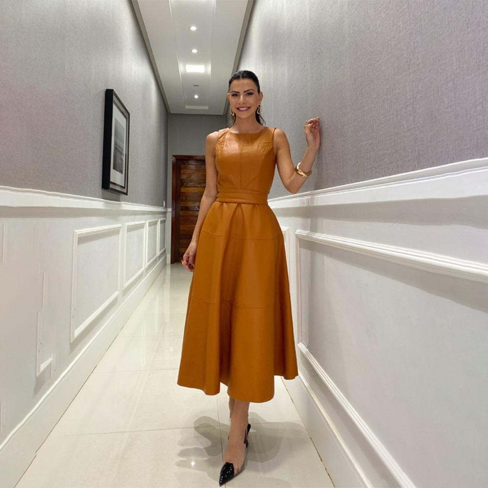 Damen Rundhals Ärmelloses Midi-Kleid Enganliegend Hohe Taille Elegant Kunstleder A-Linie Bürokleid