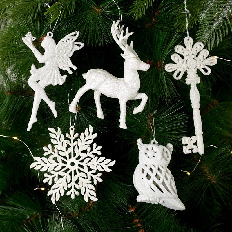 White Glitter Christmas Tree Hanging Ornaments Snowflake Angel Elk Pendants New Year Party Home Xmas Tree Decorations Kids Gift